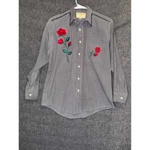 Fortune by Stan Vintage Western Gingham Rose Embroidered Rhinestone Shirt Small